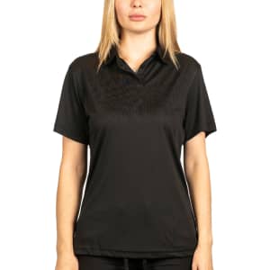 A black polo shirt with a collar, featuring short sleeves and a subtle texture, along with a logo.