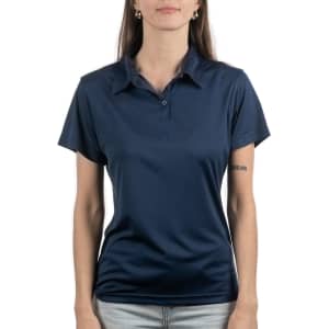 A navy golf polo featuring a classic collar and short sleeves, presented on a model. Includes a logo.
