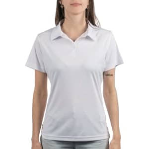 A white golf polo shirt with a collar, featuring short sleeves and a logo on the chest area.