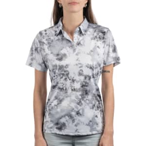 A short-sleeved golf polo in a grey and black tie-dye pattern, featuring a collar and a subtle logo.