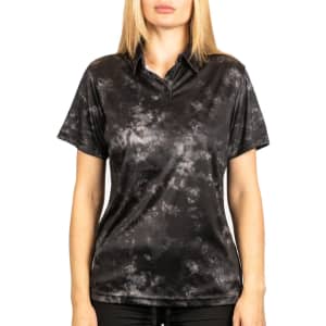 A black and grey tie-dye golf polo featuring a collared neckline and short sleeves, depicted on a model.