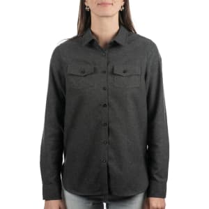 A grey ladies' button-up flannel shirt with two chest pockets and a collar, featuring a branded logo.