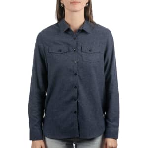 A grey flannel button-up shirt for ladies, featuring two chest pockets and a branded logo.