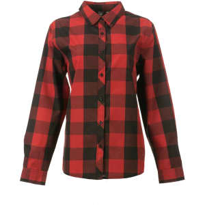 A red and black buffalo plaid button-up shirt with long sleeves and a collar, featuring a logo on the back.