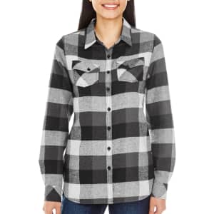 A long sleeve button-up shirt in black and grey plaid with two chest pockets and a logo.