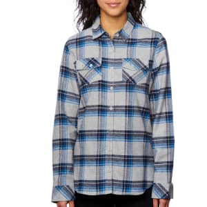 A long sleeve, yarn-dyed flannel shirt featuring a grey and blue plaid pattern with two chest pockets.