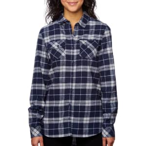 A navy and grey yarn-dyed flannel shirt with button-up front and two chest pockets. Features a logo.