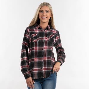 A plaid flannel shirt in black, red, and white featuring a relaxed fit and button-up design.