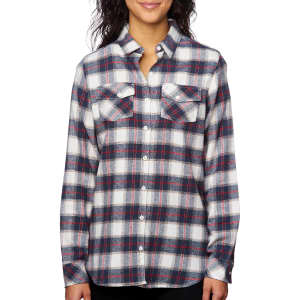 A long sleeve, yarn-dyed flannel shirt in a red, white, and blue plaid pattern with two chest pockets and a button-up design.