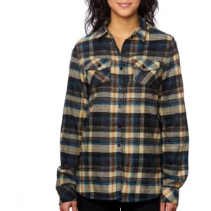 A long sleeve yarn-dyed flannel shirt in navy, beige, and brown plaid with two chest pockets and a button-up front.