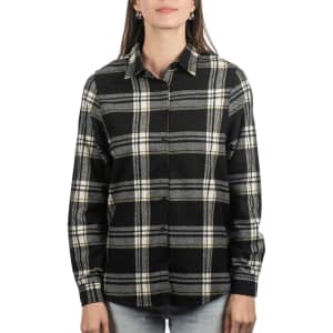 A button-up shirt featuring a black, grey, and white plaid pattern with subtle yellow accents and a collar.