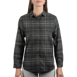 A long sleeve, grey and black plaid flannel shirt with a button-up front and a collar. It features a logo.