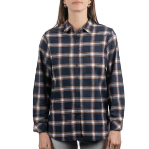 A button-up plaid flannel shirt in navy blue with orange and grey check patterns. Features long sleeves and a collar.
