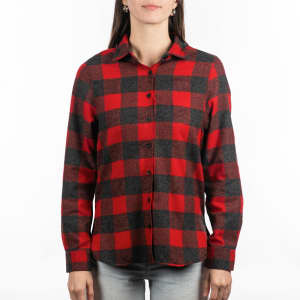 A red and black checked flannel shirt with long sleeves and button-up front, featuring a logo on the collar.