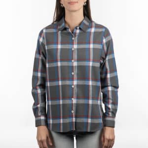 A grey plaid flannel shirt featuring blue and white accents, with a button-up front and a chest pocket.