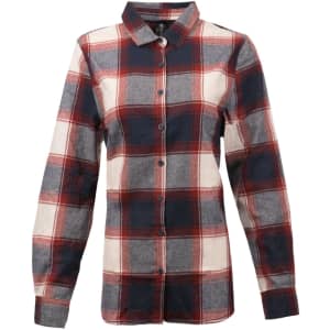 A long sleeve yarn-dyed flannel shirt featuring a red, navy, and cream plaid pattern, with a button-up front and collar.
