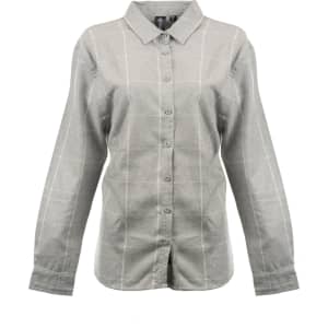 A grey flannel shirt with a check pattern, featuring long sleeves and a collared neckline. It has a logo on the label.