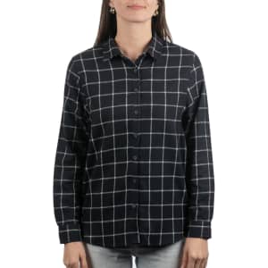 A button-up flannel shirt in navy blue with white checkered pattern. Features a collar and button closure.