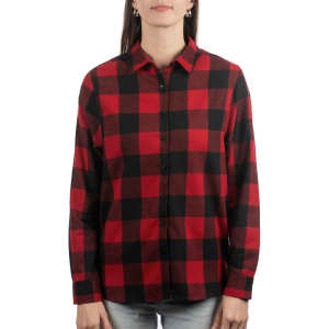 A side view of a red and black checked button-up shirt with long sleeves and a collar. It features a logo.