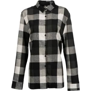 A button-up shirt in a black and white checkered pattern with long sleeves and a collar. It features a logo on the label.