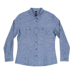 A long sleeve chambray shirt in grey, featuring a button-up front and two chest pockets, with a logo present.