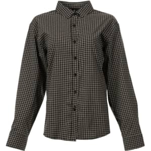 A black and grey checkered shirt with a button-up front and long sleeves. Features a collar and has a logo.