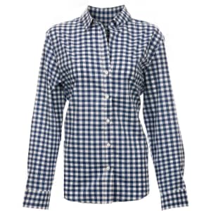 A blue and white checked stretched poplin shirt with a collar and buttons, featuring long sleeves and a logo.