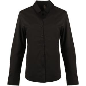 A black stretched poplin shirt with a button-up front and a collar, featuring long sleeves and a sleek design.