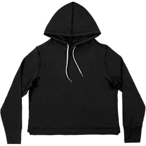 A black crop hoodie with a hood and drawstrings, featuring a simple design and long sleeves.