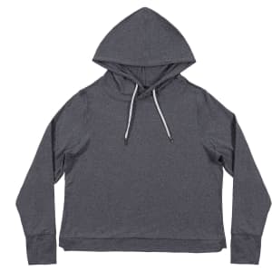 A grey modest crop hoodie with a hood and drawstrings, featuring a simple design and no visible logos.