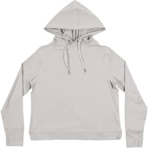 A light grey modest crop hoodie with a hood and drawstrings, featuring long sleeves and a simple design.