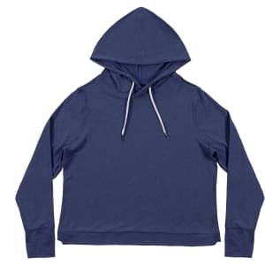 A navy blue crop hoodie with a drawstring and a hood, featuring a logo on the front.