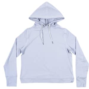 A light grey crop hoodie with a front pouch pocket and a drawstring hood. It has a logo on one sleeve.