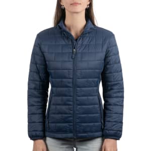 A quilted puffer jacket in navy blue, featuring a zip-up front and a slightly raised collar.