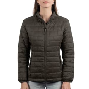 A quilted puffer jacket in dark green, featuring a high neck and zippered front, worn by a standing model.