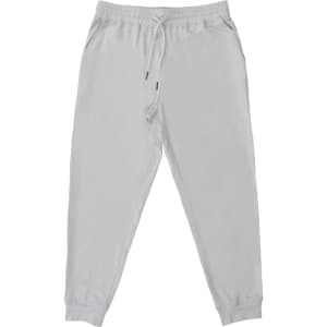 A pair of light grey jogger pants with an elastic waistband and pockets, featuring a small logo.
