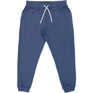 A pair of soft jersey joggers in a navy blue hue, featuring an elastic waistband and white drawstring.