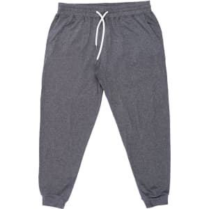A pair of soft grey joggers featuring an elastic waistband and drawstring, with side pockets.