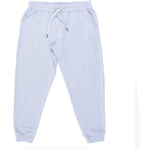 A pair of light grey soft jersey joggers with an elastic waistband and drawstring. Features side pockets.