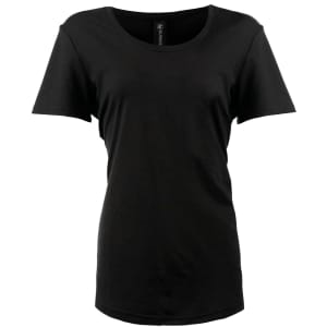 A black scoop neck shirt with short sleeves and a simple design, featuring a branded label.