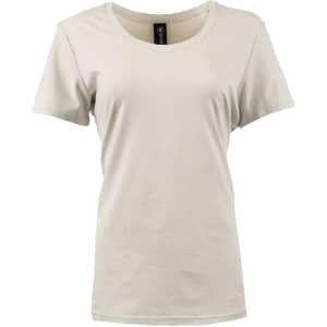 A scoop neck shirt in a light beige colour, featuring short sleeves and a simple design. It includes a branding label.