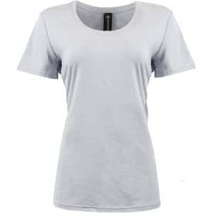 A light grey scoop neck shirt with short sleeves, featuring a logo at the neck.