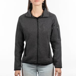 A grey full zip sweater knit jacket with a sleek design and zippered pockets, featuring a logo.