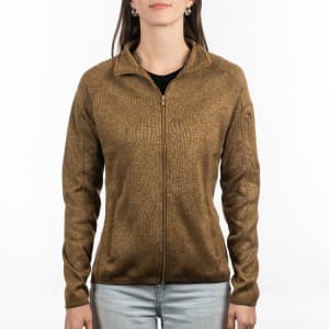 A full zip, bronze sweater knit jacket with a standing collar and long sleeves, featuring a logo on one arm.
