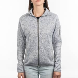A full zip sweater knit jacket in a light grey colour, featuring a zip pocket and a sleek design.
