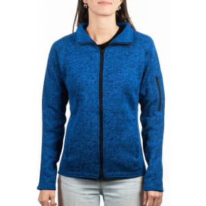A blue full zip sweater knit jacket featuring a zippered pocket on the sleeve and a collar design.