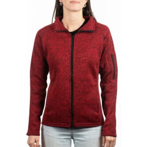 A red full zip sweater knit jacket with a collar and zippered pocket. The model is wearing it, standing against a white background.