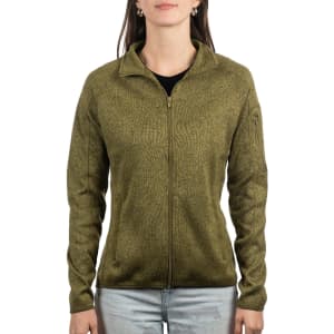 A full zip sweater knit jacket in olive green, featuring a zip closure and long sleeves. It has a logo on one sleeve.