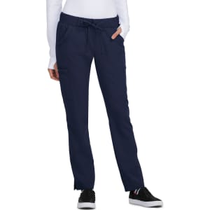 Navy blue pants with a drawstring waist and pockets, featuring a comfortable fit and a sleek design.