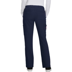 Navy blue pants with a relaxed fit, featuring multiple pockets and an elastic waistband. The design is simple and functional.